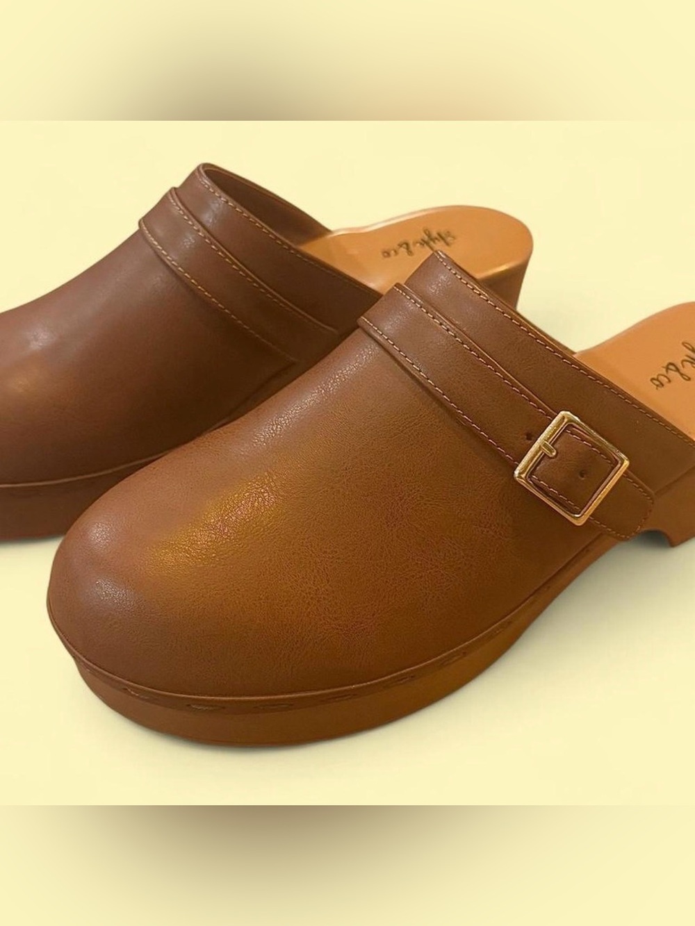 Style & Co. Women's Tan Slip-On Clogs with Buckle Accent